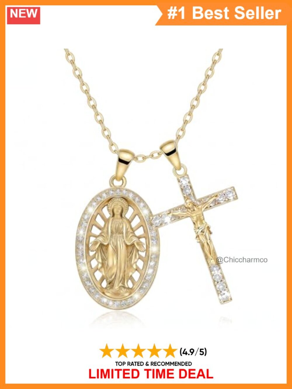 14K Gold Plated Sterling Silver Virgin Mary Cross Necklace